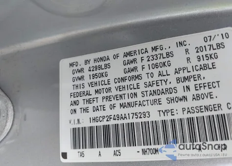2010 Honda Accord 2.4 Lx-P from USA, damaged, VIN 1HGCP2F49AA175293